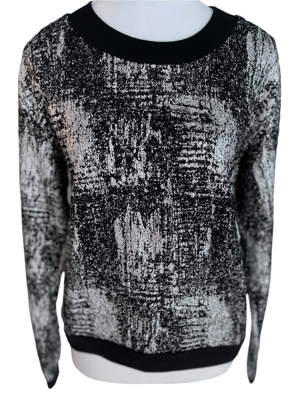Black & Silver Metallic Textured Crewneck Sweater Size XS